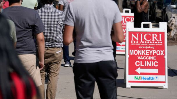 PHOTO: People line up to receive the monkeypox vaccine at a walk-in clinic at the North Jersey Community Research Initiative in Newark, N.J., Aug. 16, 2022. (Seth Wenig/AP)