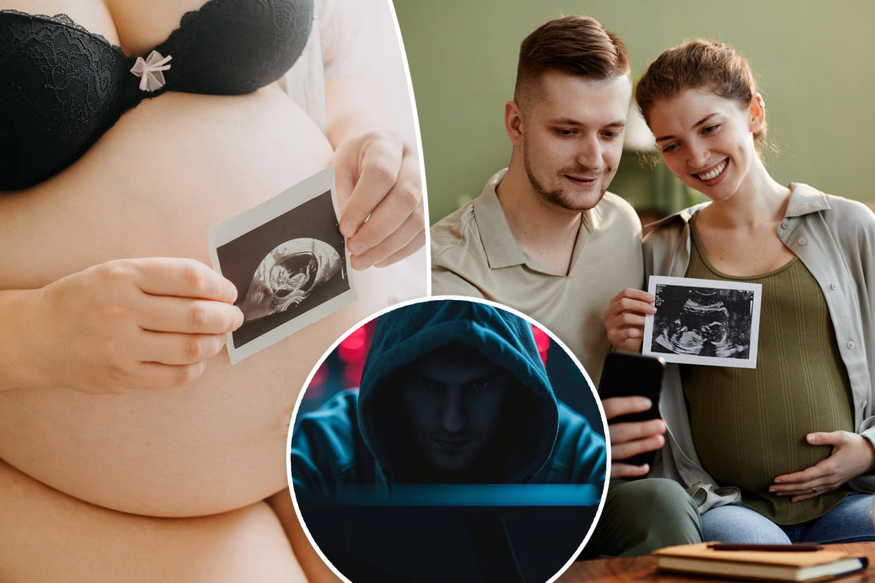 (Left) Pregnant woman showing off ultrasound. (Right) Young couple talking online on mobile phone and sharing their happiness with relatives showing them ultrasound image. (Inset) Identity thief.