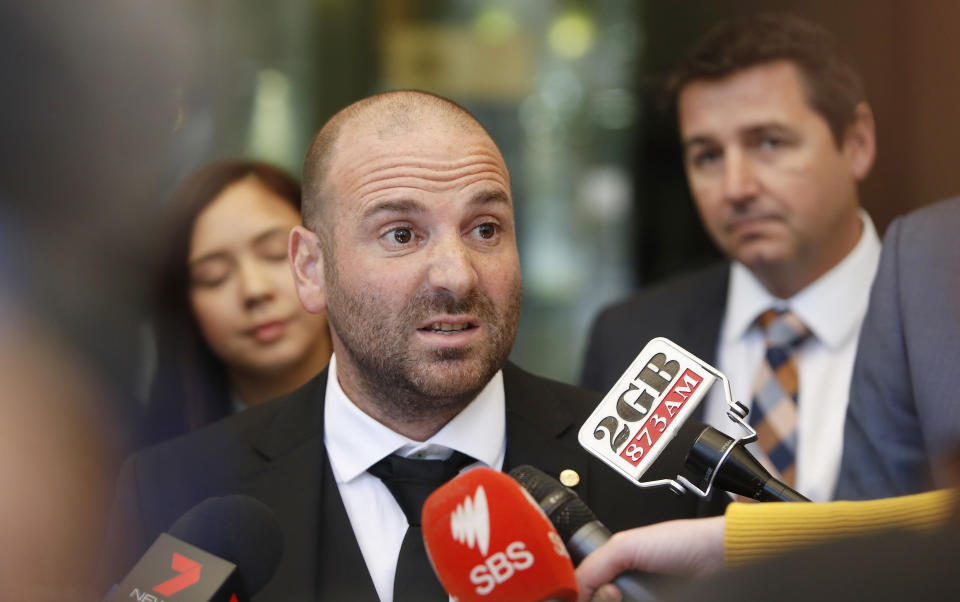 SYDNEY, AUSTRALIA - SEPTEMBER 08:  Celebrity chef George Calombaris talks to media as he leaves Downing Centre Local Court on September 8, 2017 in Sydney, Australia. The celebrity chef was charged with assault following an altercation at the A-League grand final in May.  (Photo by Daniel Munoz/WireImage)