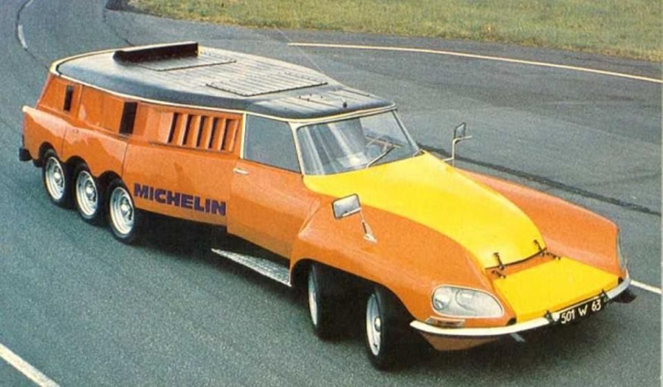 <p>Back in the 70s, Michelin built a prototype car for tyre testing. Based on the <strong>Citroën DS</strong>, and powered by two <strong>Chevrolet </strong>big block engines, its most notable feature was its 10-wheel design. Nicknamed ‘the centipede’, the PLR was the size of a truck and weighed <strong>9500kg</strong>. It carried a lorry tyre in the middle which it tested at speeds of up to <strong>100mph</strong>.</p>