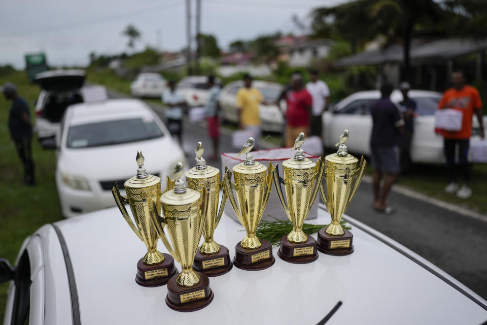 Trophies sit on the roof of a car during bird speed-singing contests in Meten Meet Zorg, Guyana, Sunday, April 23, 2023. Guyana's speed-singing contests are a centuries-old tradition where male finches are placed in cages next to each other as judges count the number of chirps they emit in the span of five minutes. (AP Photo/Matias Delacroix)