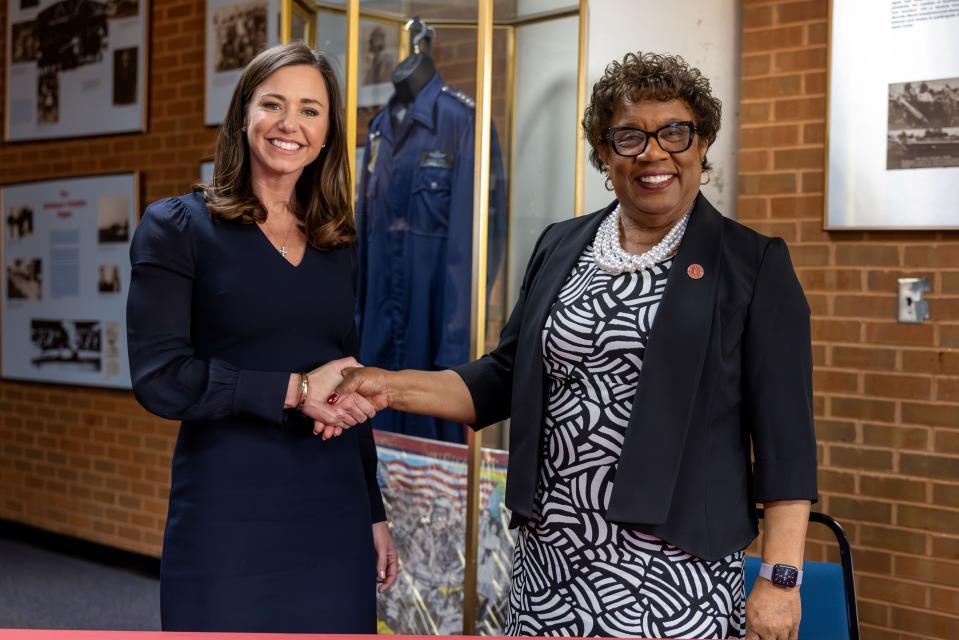 Sen. Katie Britt and Tuskegee University President Charlotte Morris announced a new TU new flight school degree program on March 27, 2024.