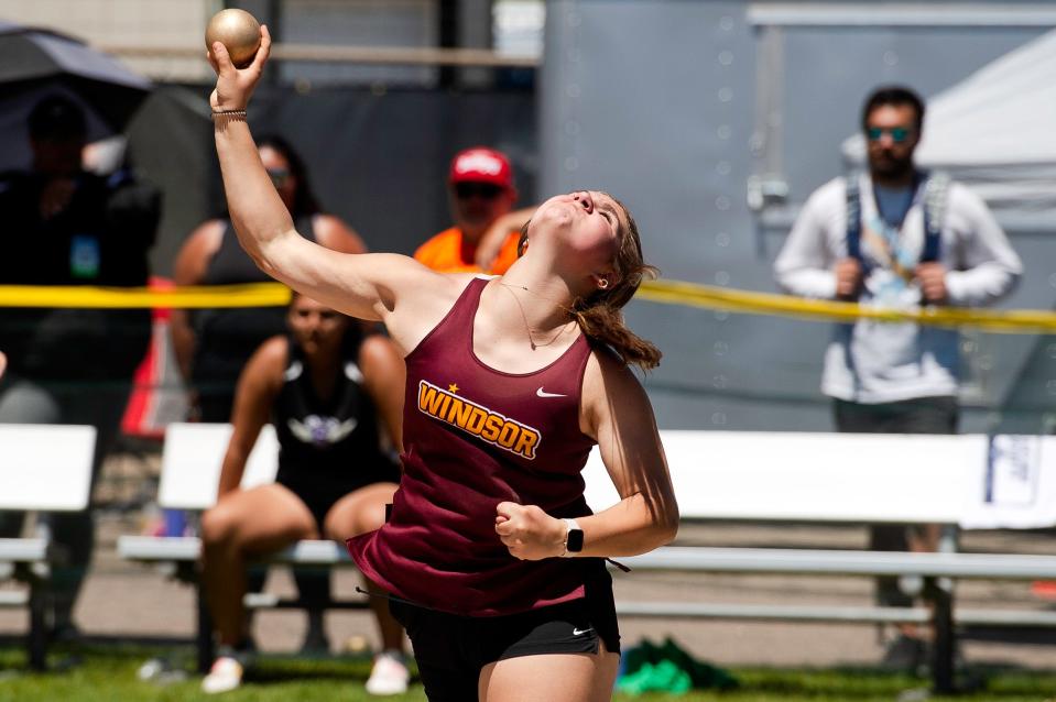 Windsor's Kylie Becker releases a throw in the 4A girls shot put during the Colorado track & field state championships on Thursday, May 16, 2024 at Jeffco Stadium in Lakewood, Colo.