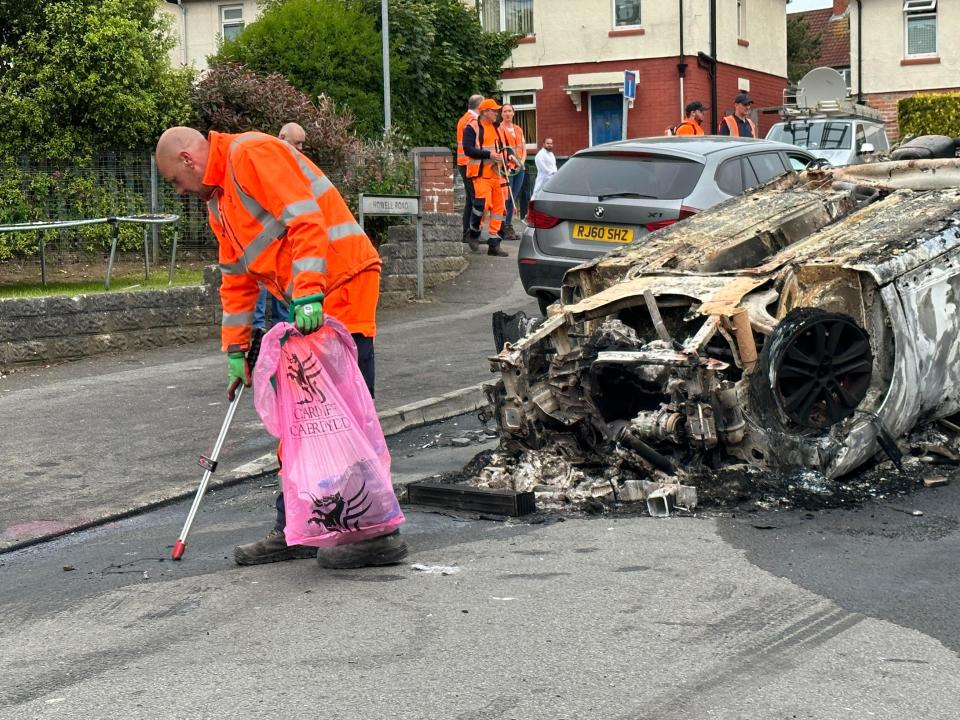 The scene in Ely, Cardiff, following the riot that broke out after two teenagers died in a crash. Tensions reached breaking point after officers were called to the collision, in Snowden Road, Ely, at about 6pm on Monday. Officers faced what they called 
