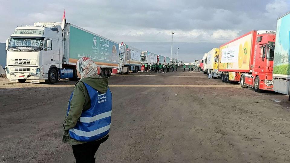 PHOTO: Trucks carrying humanitarian aid from Egyptian NGOs for Palestinians, wait for the reopening of the Rafah crossing at the Egyptian side, to enter Gaza, Oct. 17, 2023. (Reuters)