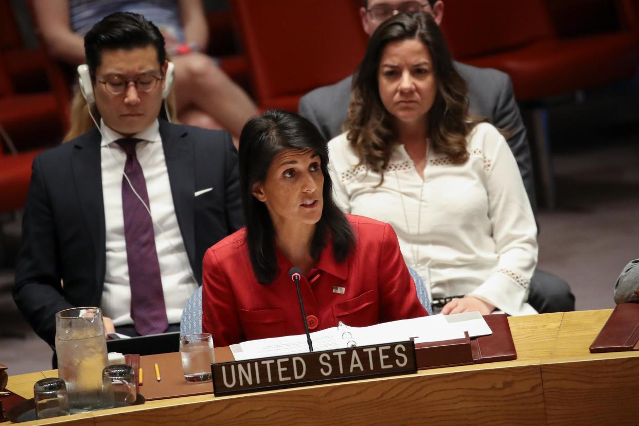 Nikki Haley, US ambassador to the UN, speaks during an emergency meeting of the Security Council: Getty