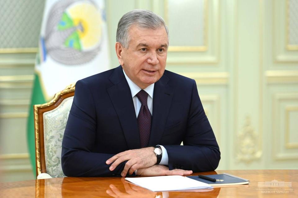 In this handout photo released by Uzbekistan's Presidential Press Office, Uzbekistan's President Shavkat Mirziyoyev speaks during a meeting in Tashkent, Uzbekistan, Friday, April 28, 2023. Voters in Uzebekistan will cast ballots in a referendum on a revised constitution that promises human rights reforms. But the reforms being voted on Sunday also would allow the country's president to stay in office until 2040. President Shavkat Mirziyoyev is in his second term. (Uzbekistan's Presidential Press Office via AP)