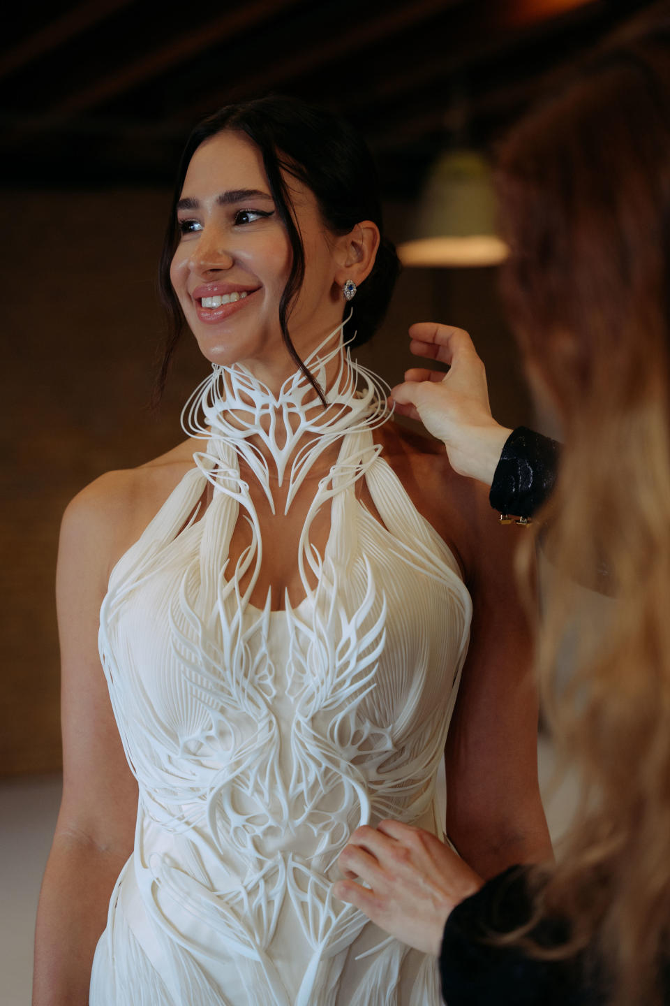 The unveiling of the world's first 3D-printed wedding dress by Iris Van Herpen.