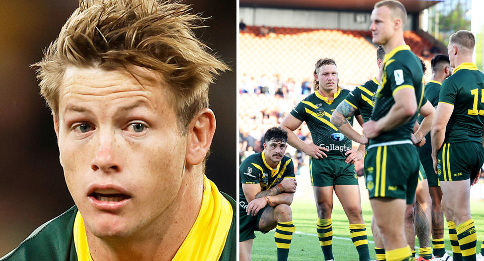 Pictured Harry Grant left and dejected Kangaroos players right