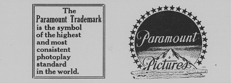 The Paramount logo, circa 1916, in a trade ad.