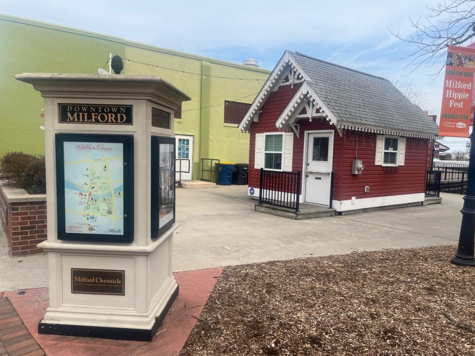 An information box and tourist center downtown in Milford on Feb. 26, 2024.