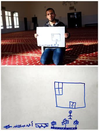 A combination picture shows Syrian refugee Ahmet Abdulkadir, 17, as he shows his drawing of his home in Syria, as he sits in a mosque in Nizip refugee camp in Gaziantep province, Turkey, December 13, 2015 (top) and his drawing (bottom) December 16, 2015. REUTERS/Umit Bektas