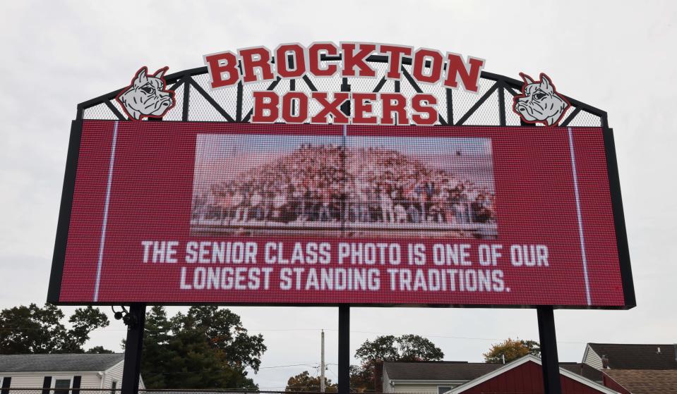 Brockton High School's Class of 2024 poses for yearbook photo at Rocky Marciano Stadium on Friday, Oct, 20, 2023. Approximately 700 students is the largest senior class in New England.