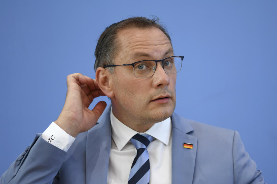 Germany's far-right Alternative for Germany (AfD) spokesperson Tino Chrupalla holds a news conference following the Saxony-Anhalt state election, in Berlin, Germany, Monday, June 7, 2021. (Annegret Hilse/Pool via AP)