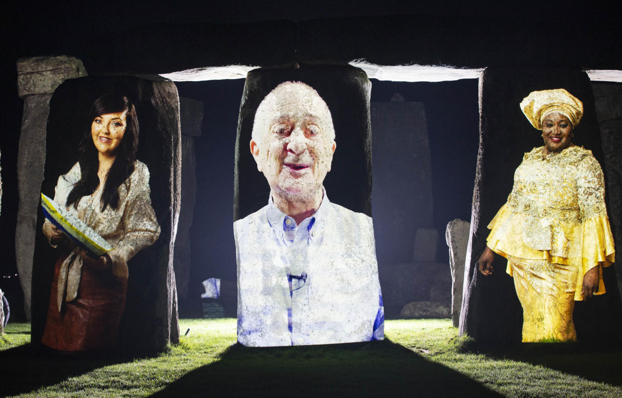 Sir Tony Robinson today unveiled a historic takeover of Stonehenge. The sarsen stones have been illuminated with images of unsung heritage champions, who have worked tirelessly with the help of National Lottery funding to keep the UK's heritage accessible