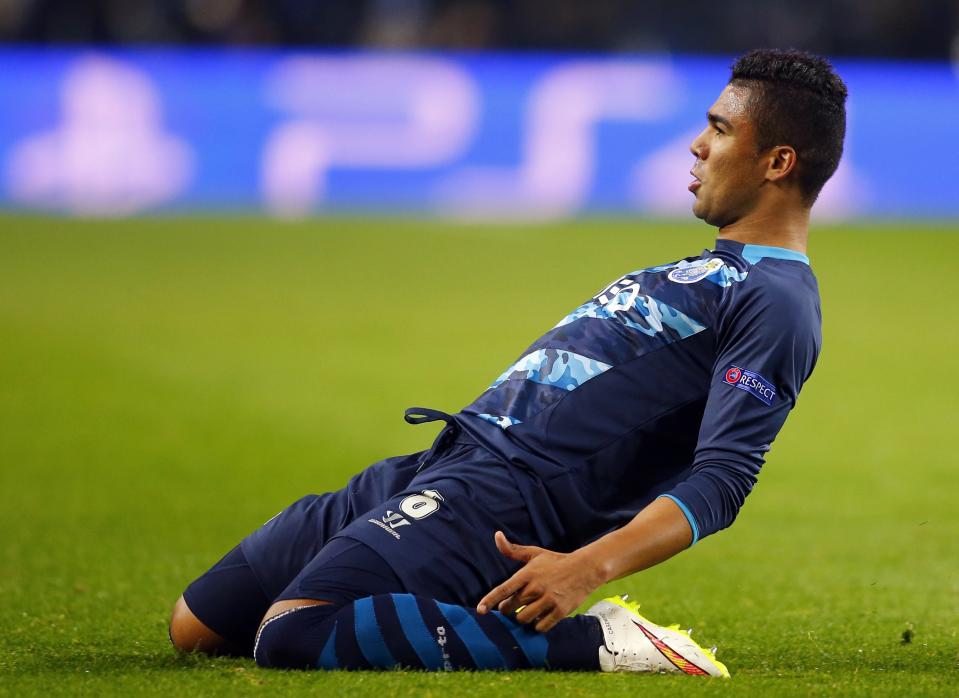 Porto's Carlos Casemiro celebrates his goal against FC Basel during their Champions League round of 16 second leg soccer match at Dragao stadium in Porto, March 10, 2015. REUTERS/Miguel Vidal (PORTUGAL - Tags: SPORT SOCCER)