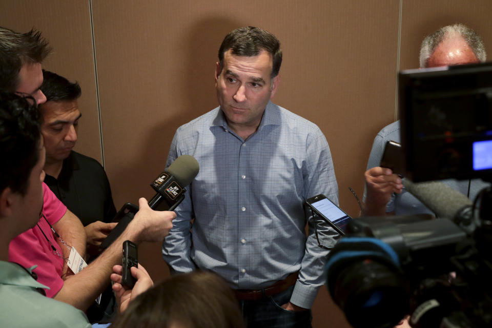 Chicago White Sox general manager Rick Hahn speaks during a media availability during the Major League Baseball general managers annual meetings, Tuesday, Nov. 12, 2019, in Scottsdale, Ariz. (AP Photo/Matt York)