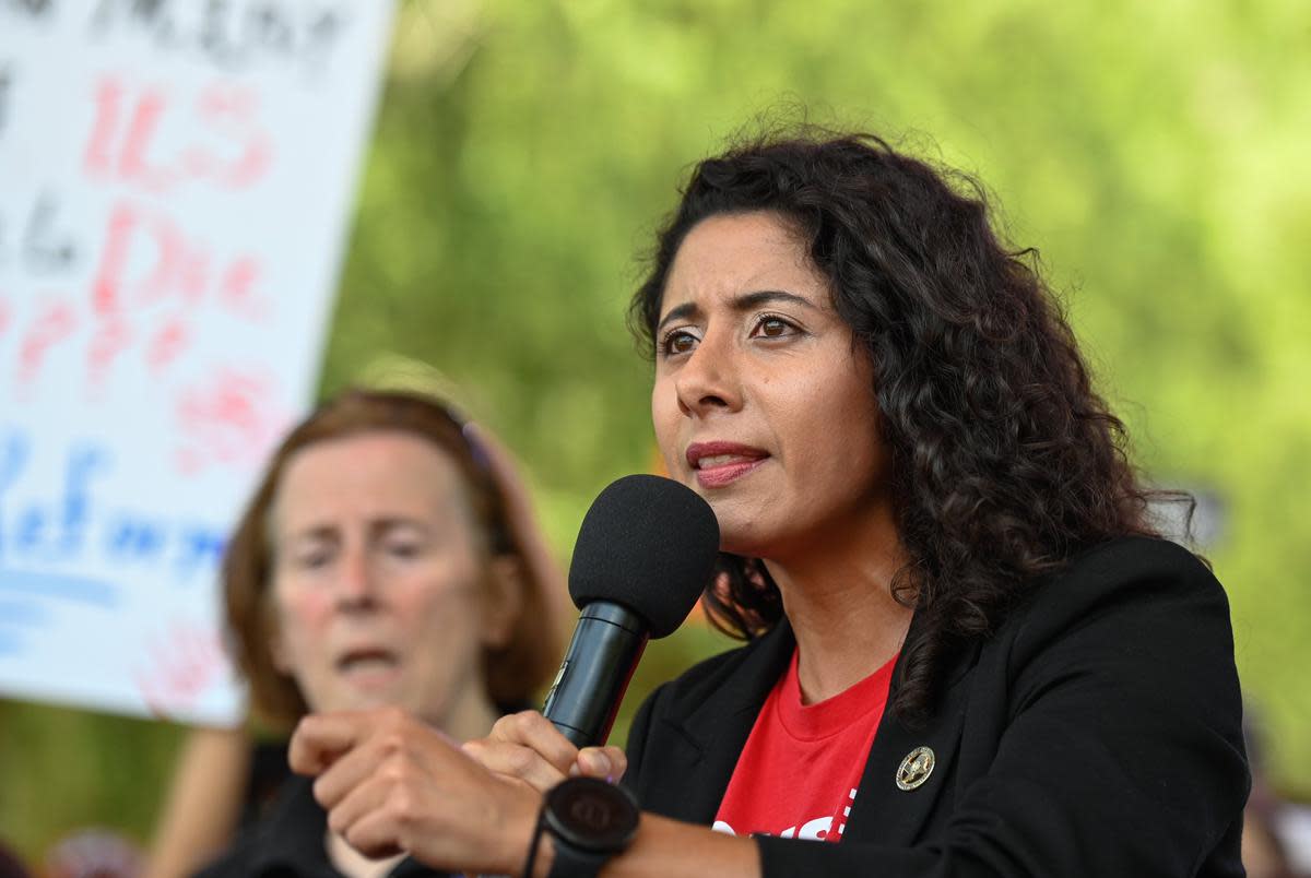 Harris County Judge Lina Hidalgo speaks on stage at a protest of the NRA Annual Meeting Friday, May 27, 2022, in Houston.