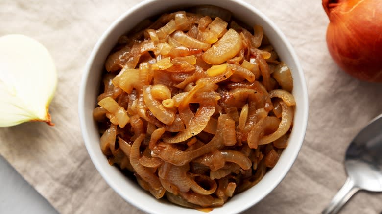 caramelized onions in white bowl