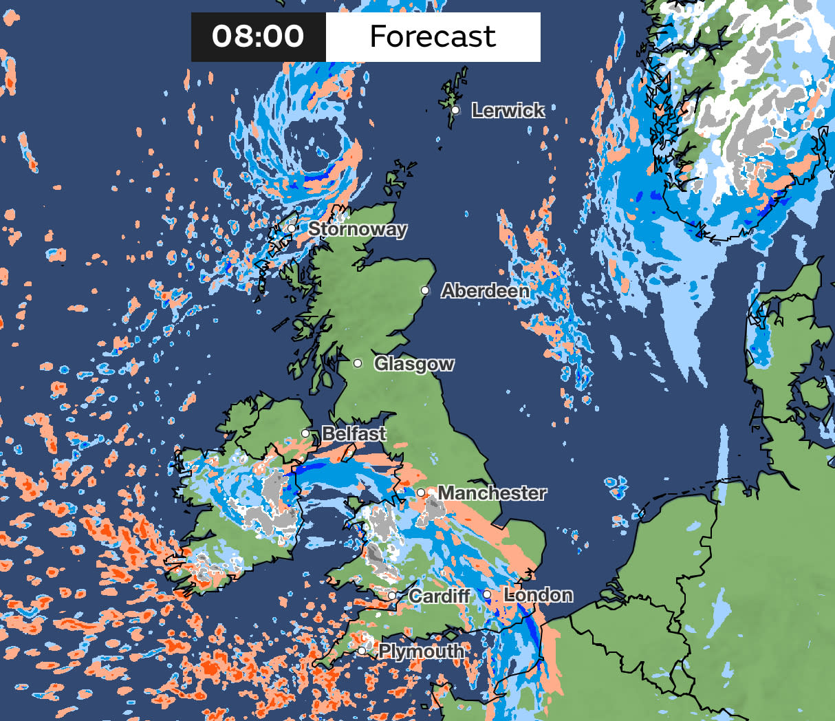 The orange colouring denotes where hail may fall on Friday morning. (Met Office)