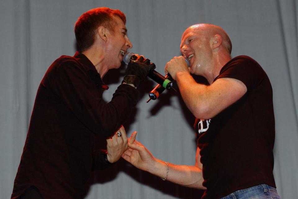 Jimmy Somerville (right) and Marc Almond performing on stage during the Mardi Gras 2003 - Pride in the Park concert in London's Hyde Park.   (Photo by Yui Mok - PA Images/PA Images via Getty Images)