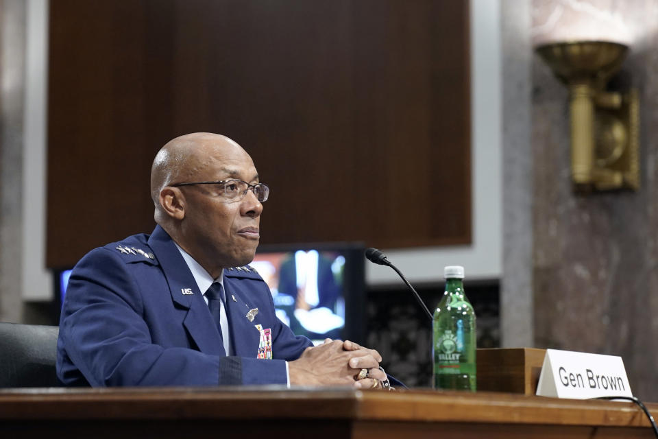 Air Force Gen. CQ Brown, listens during a Senate Armed Services Committee hearing to consider his nomination to be Chairman of the Joint Chiefs of Staff, Tuesday, July 11, 2023, on Capitol Hill in Washington. (AP Photo/Mariam Zuhaib)