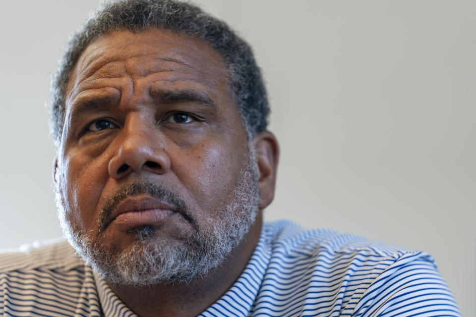 Georgetown NCAA college basketball head coach Ed Cooley listens during an interview, Thursday, Oct. 19, 2023, in Washington. "I've seen the highs. I've seen the lows," said Cooley, whose 12 seasons at Providence included seven NCAA Tournament appearances.(AP Photo/Stephanie Scarbrough)