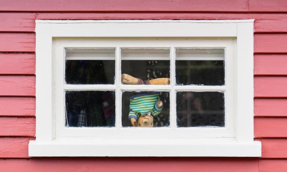 One teddy bear tries acrobatics in Christchurch.