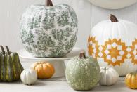 <p>Press a pretty pattern like toile or any printed image onto a squash for a detailed yet easy look. </p><p><em><a href="http://www.countryliving.com/diy-crafts/how-to/a4177/decoupage-a-pumpkin/" rel="nofollow noopener" target="_blank" data-ylk="slk:Get the tutorial at Country Living »;elm:context_link;itc:0;sec:content-canvas" class="link ">Get the tutorial at Country Living »</a></em></p>