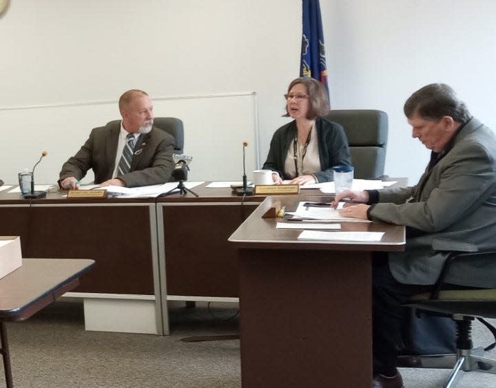 Wayne County Commissioner Jocelyn Cramer comments on the 2024 Wayne County Comprehensive Plan at the Feb. 22, 2024, commissioners' meeting. At left is Commissioner Chairperson Brian Smith, and at right, Solicitor Wendell Kay. Commissioner James Shook participated telephonically.