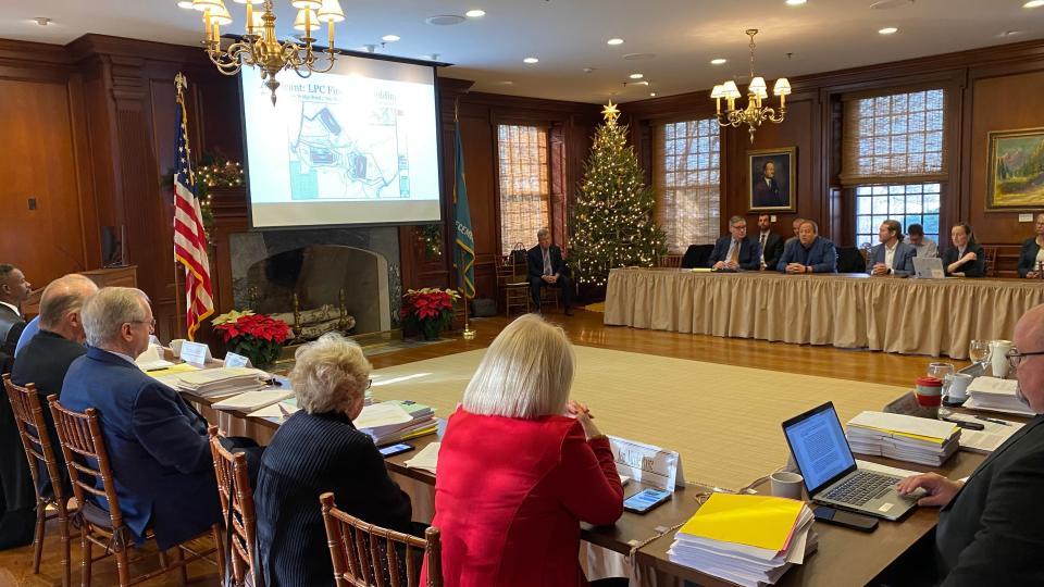 The Council on Development Finance (left) hears a presentation from representatives from Logistics Park Co. on Dec. 12, 2022. The developer received a $1 million site readiness grant for its logistics park at Route 896 and Old Cooch's Bridge Road in Glasgow.