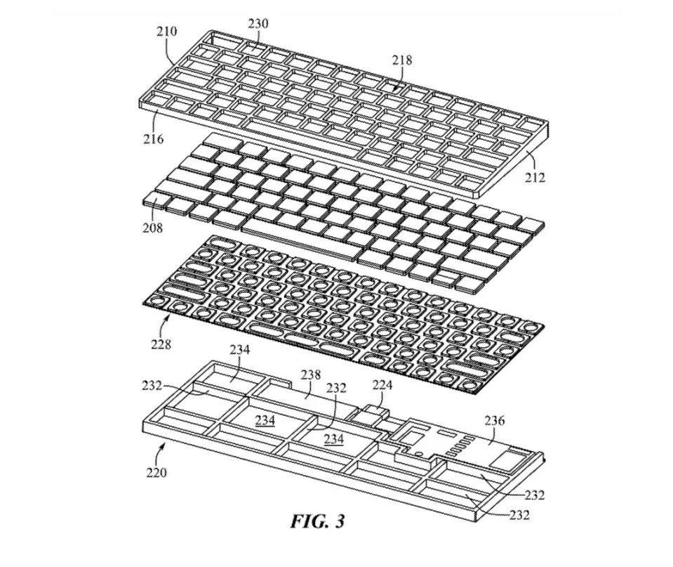 蘋果希望將電腦主機與鍵盤結合，但市面上已有類似產品。（美國專利及商標局）
