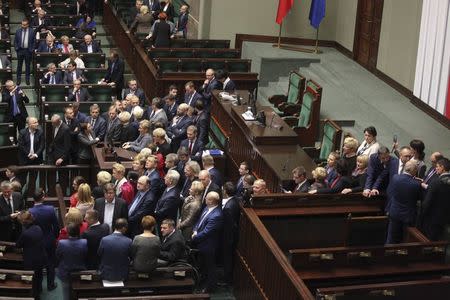 Poland's opposition lawmakers protesting at the plenary hall in parliament building. in Warsaw, Poland, January 11, 2017. REUTERS/Slawomir Kaminski/Agencja Gazeta