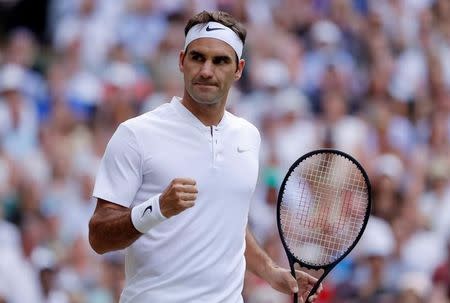 Tennis - Wimbledon - London, Britain - July 8, 2017 Switzerland’s Roger Federer celebrates winning the first set during the third round match against Germany’s Mischa Zverev REUTERS/Andrew Couldridge