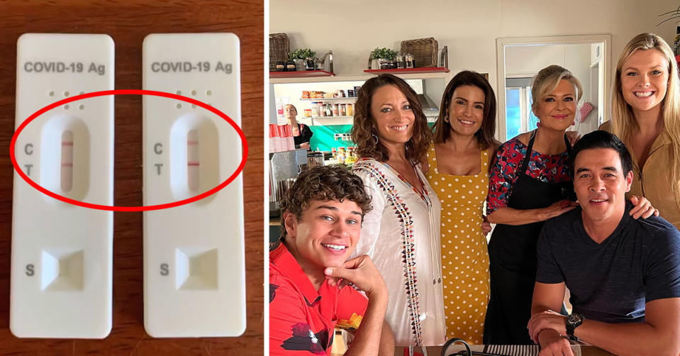 L: Two positive Covid tests on a wooden table. R: Home and Away cast in the diner