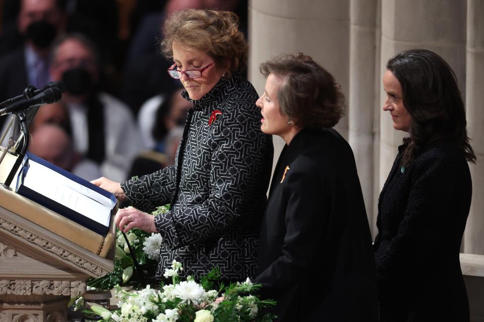 WASHINGTON, DC - APRIL 27:  (L-R) Daughters Anne, Alice and Katharine Albright honor their mother during the funeral service for former U.S. Secretary of State Madeleine Albright at the Washington National Cathedral April 27, 2022 in Washington, DC. Albright, who was the first woman to serve as U.S. Secretary of State, died March 23. (Photo by Win McNamee/Getty Images) ORG XMIT: 775797984 ORIG FILE ID: 1394038101
