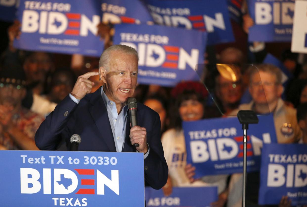 Democratic presidential candidate former Vice President Joe Biden speaks during a campaign event on 2 March, 2020 in Dallas, Texas: Ron Jenkins/Getty Images