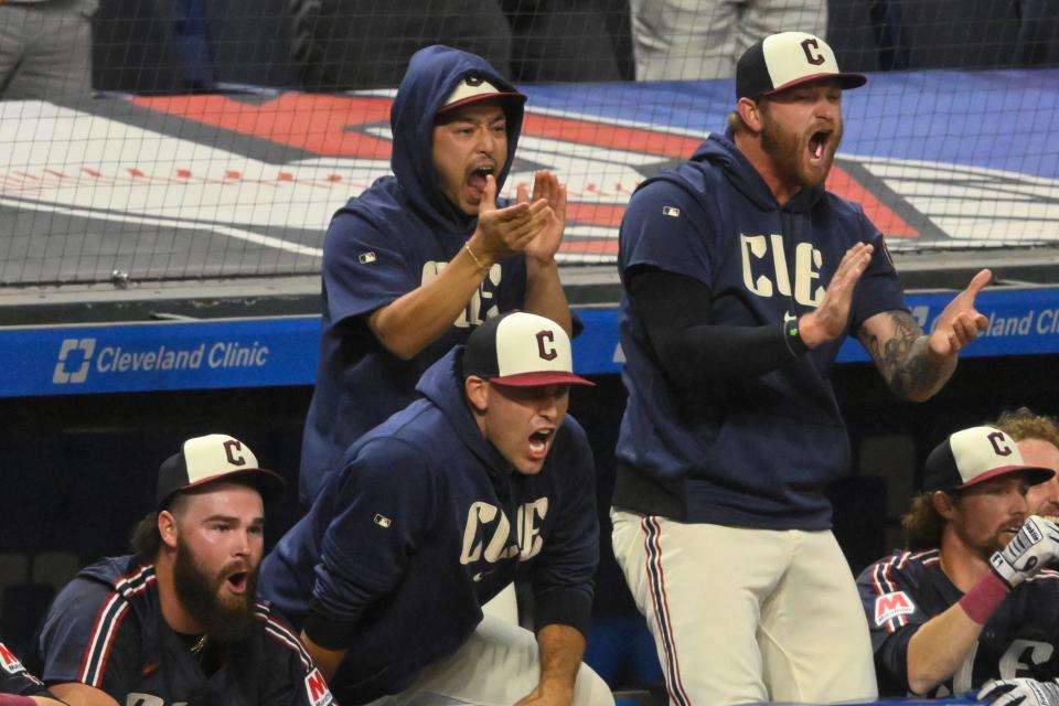 Sep 18, 2024; Cleveland, Ohio, USA; The Cleveland Guardians celebrate an RBI single by pinch-hitter Will Brennan (not pictured) in the tenth inning against the Minnesota Twins at Progressive Field. Mandatory Credit: David Richard-Imagn Images