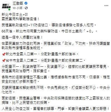 國民黨主席江啟臣在臉書上附和台中市長盧秀燕，怒批中央疫苗分配不均。（翻攝自江啟臣臉書）