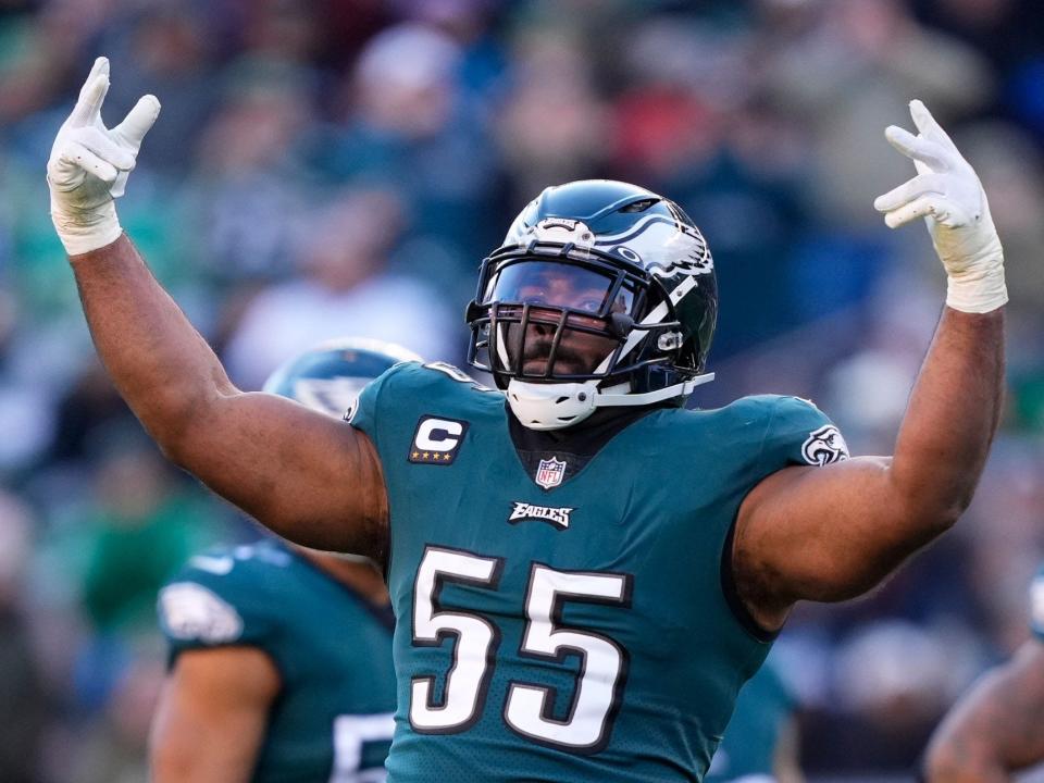 Brandon Graham celebrates after a play.