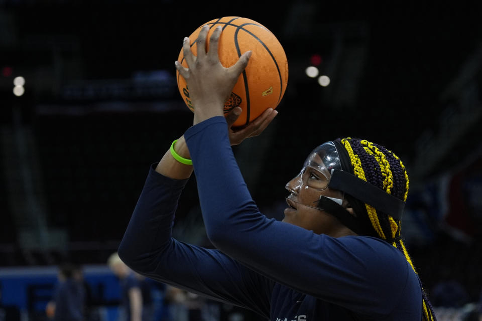 UConn's Aaliyah Edwards shoots during a practice for an NCAA Women's Final Four semifinals basketball game Thursday, April 4, 2024, in Cleveland. (AP Photo/Carolyn Kaster)