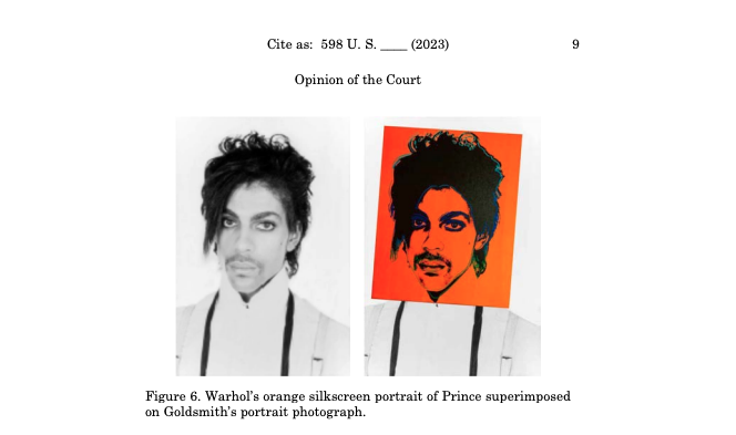 The Supreme Court included comparison showing Andy Warhol's image of Prince overlaid on Lynn Goldsmith's photograph. / Credit: Supreme Court