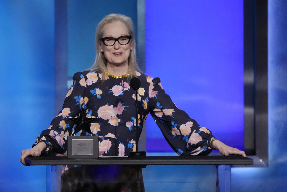 Actor Meryl Streep speaks from the stage during the 49th AFI Life Achievement Award tribute to Nicole Kidman, Saturday, April 27, 2024, at the Dolby Theatre in Los Angeles. (AP Photo/Chris Pizzello)