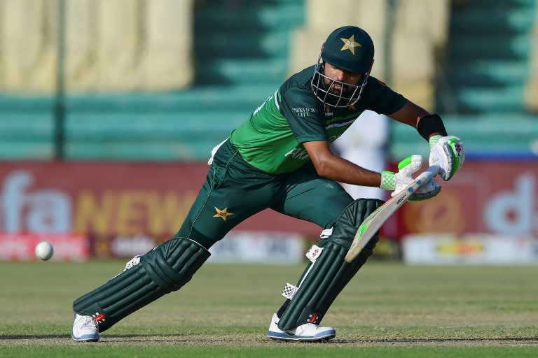 Pakistan's Babar Azam plays a shot during the fourth one-day international (ODI) cricket match between Pakistan and New Zealand on May 5, 2023