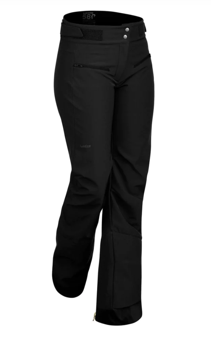 A black pair of 580 Ski-Pa Women's Slim Piste Ski Pants with silver waist fastenings, set on a white background.