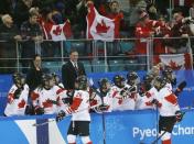 Ice Hockey - Pyeongchang 2018 Winter Olympics - Women's Semifinal Match - Canada v Olympic Athletes from Russia - Gangneung Hockey Centre, Gangneung, South Korea - February 19, 2018 - Emily Clark of Canada celebrates with team mates. REUTERS/Brian Snyder