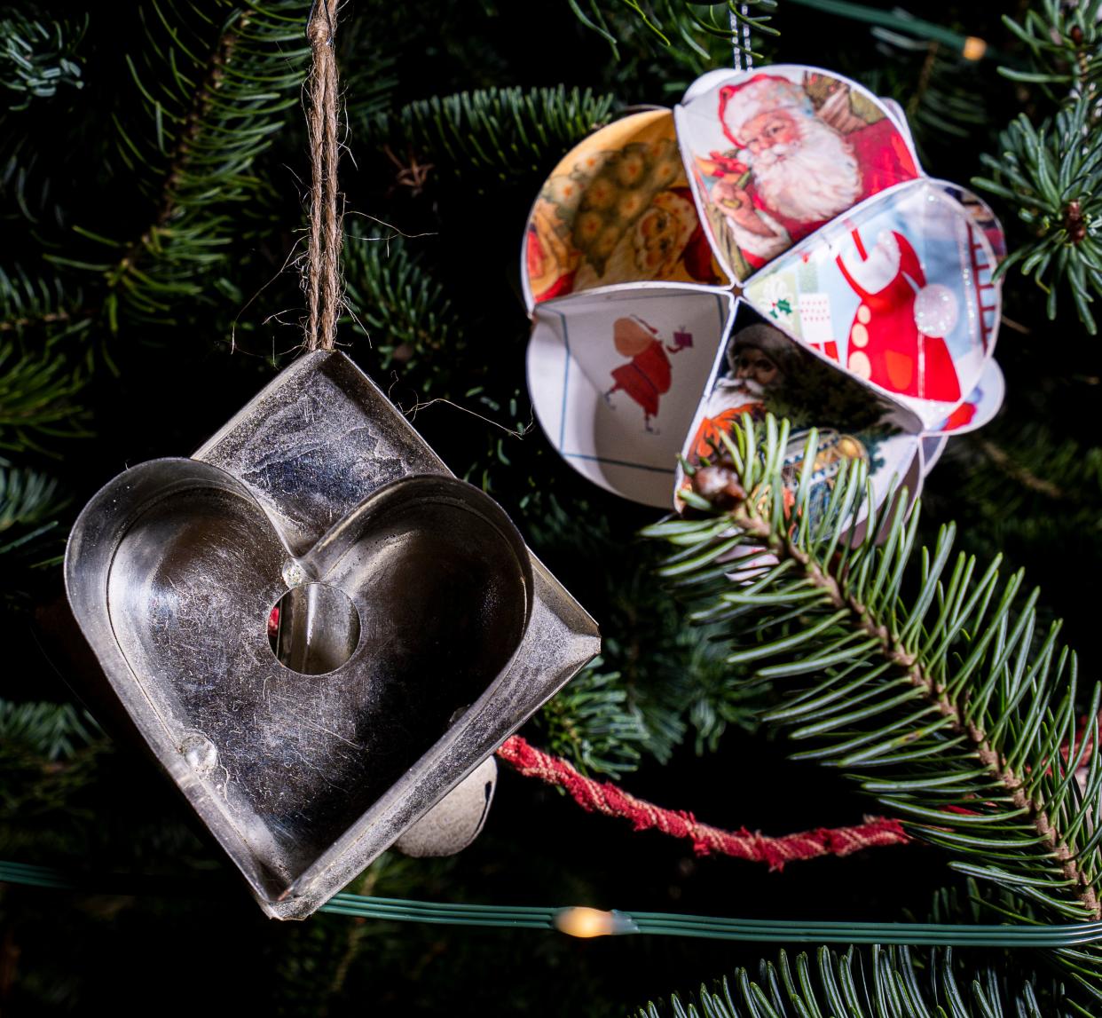 Julie Hunt's Christmas tree is decorated with cookie cutter ornaments that belonged to her grandmother, plus a homemade Christmas card ornament.