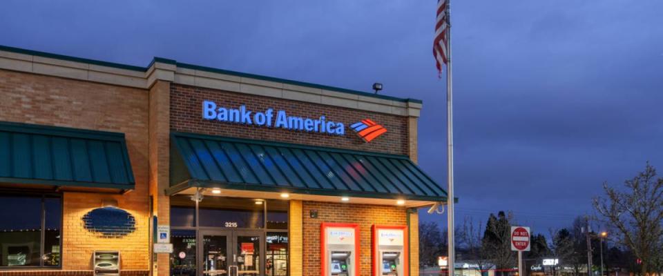 Bank of America branch building in Beaverton at twilight