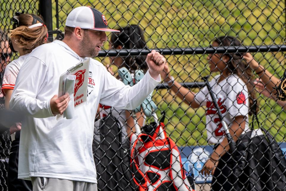 Bergenfield head coach Nick Pampaloni cheers on the team. Emerson plays Bergenfield in the Bergen County Tournament Quarterfinals at IHA in the Township of Washington on Saturday, May 13, 2023.