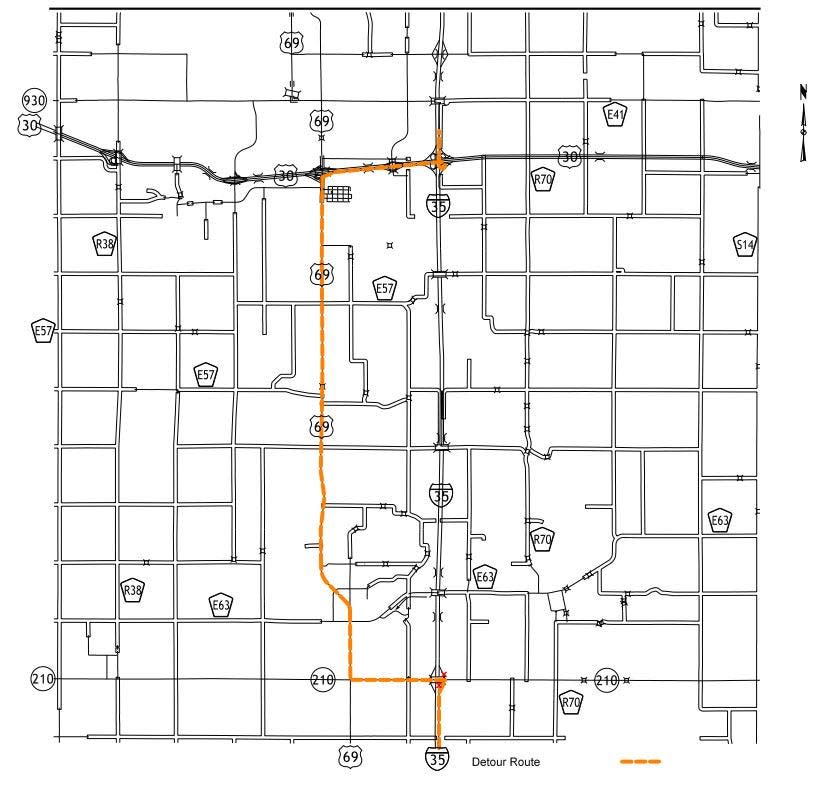Interstate 35 drivers will follow a marked detour route next week using Iowa 210, U.S. 69, and U.S. 30. Vehicles will head west on U.S. 30, get off on U.S. 69 and drive south, get on Iowa 210 and then re-enter I-35.